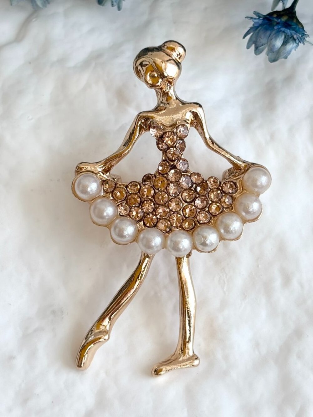 Ballet Dancer Figural Gold Toned Faux Pearl Accented Vintage Inspired Brooch Pin